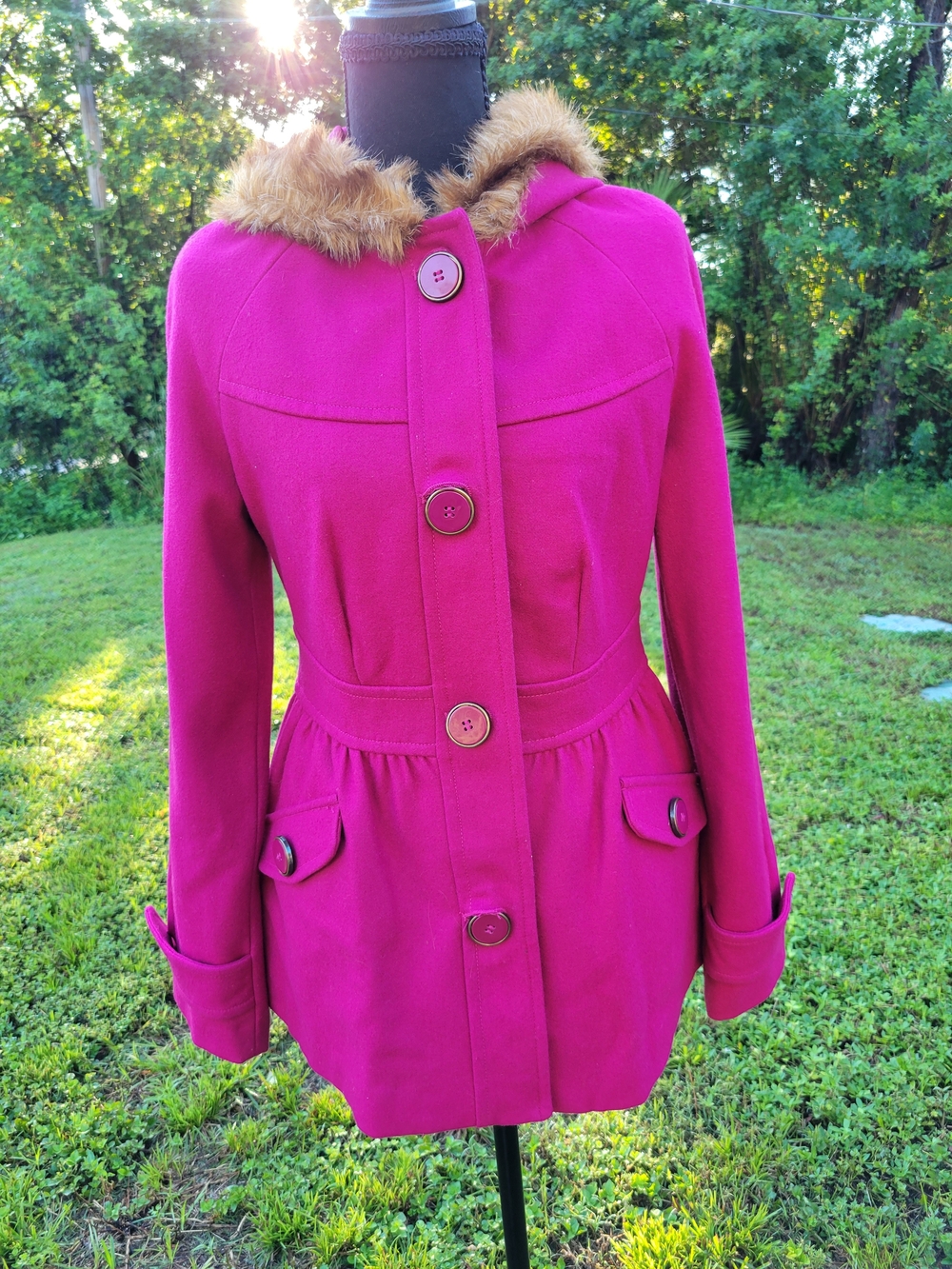 Tulle Vintage Style Pink Button Up Fur Lined Hooded Coat Medium Anthropologie